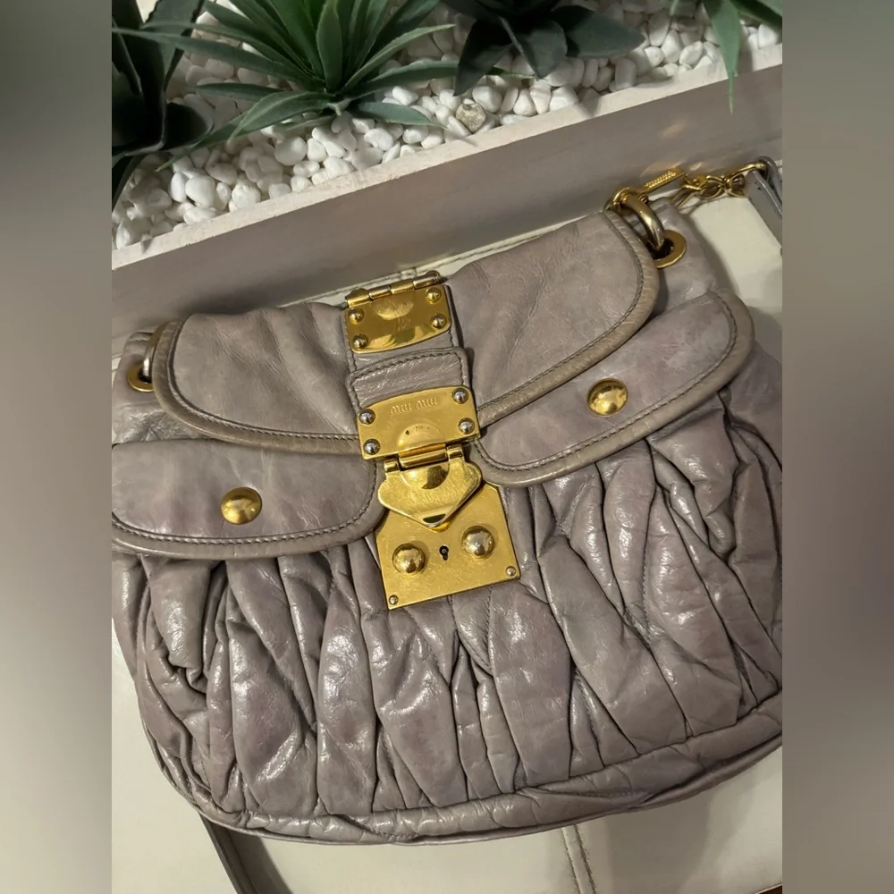 Miu Miu Gray Leather Handbag with Gold Accents - Picture 5 of 14